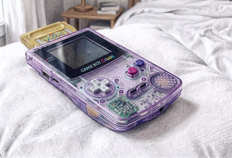Game Boy Color viola trasparente con cartuccia Pokémon — foto della contributrice