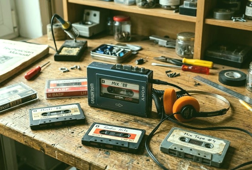 Sony Walkman con cuffie e musicassette sul banco da lavoro — foto del contributore
